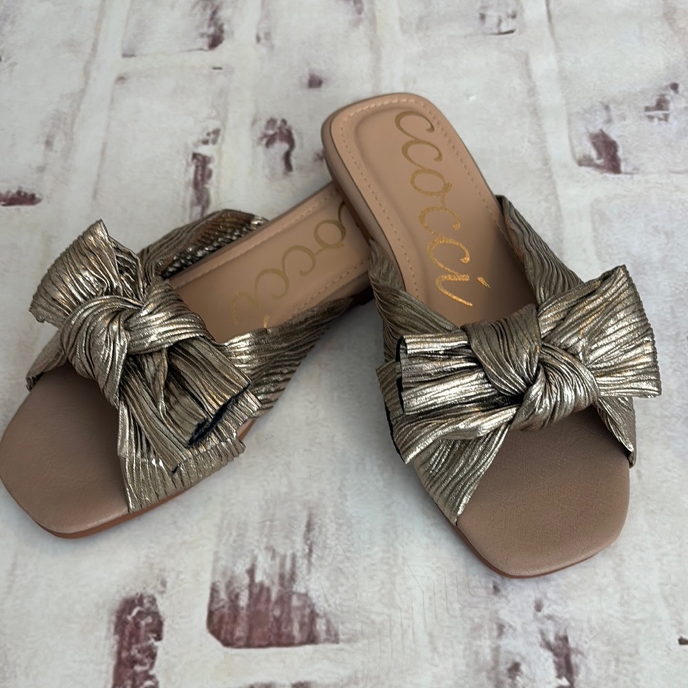 CCOCCI Gold Tan Bow Sandals Elegant Slide Design